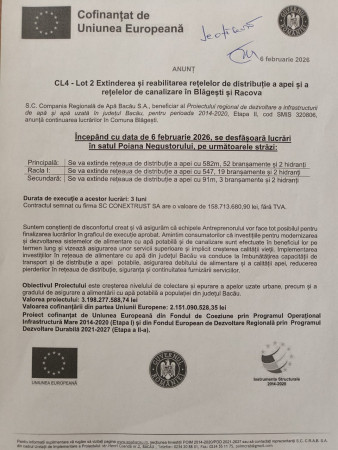 Anunț desfășurare lucrări extindere și reabilitarea rețelelor de distribuție a apei și canalizare în Comuna Blăgești în satul Poiana Negustorului